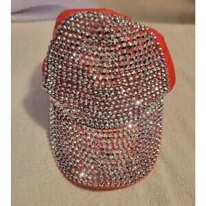 Bedazzled Baseball Cap Adjustable Snap Back Hat- Coral Pink 100% Cotton